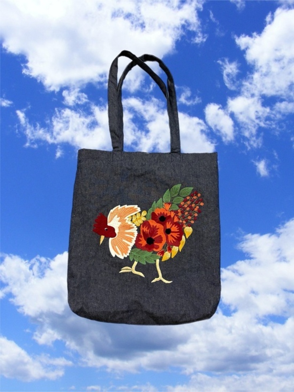 LIKE NEW! Denim Hand Embroidered Canvas Tote